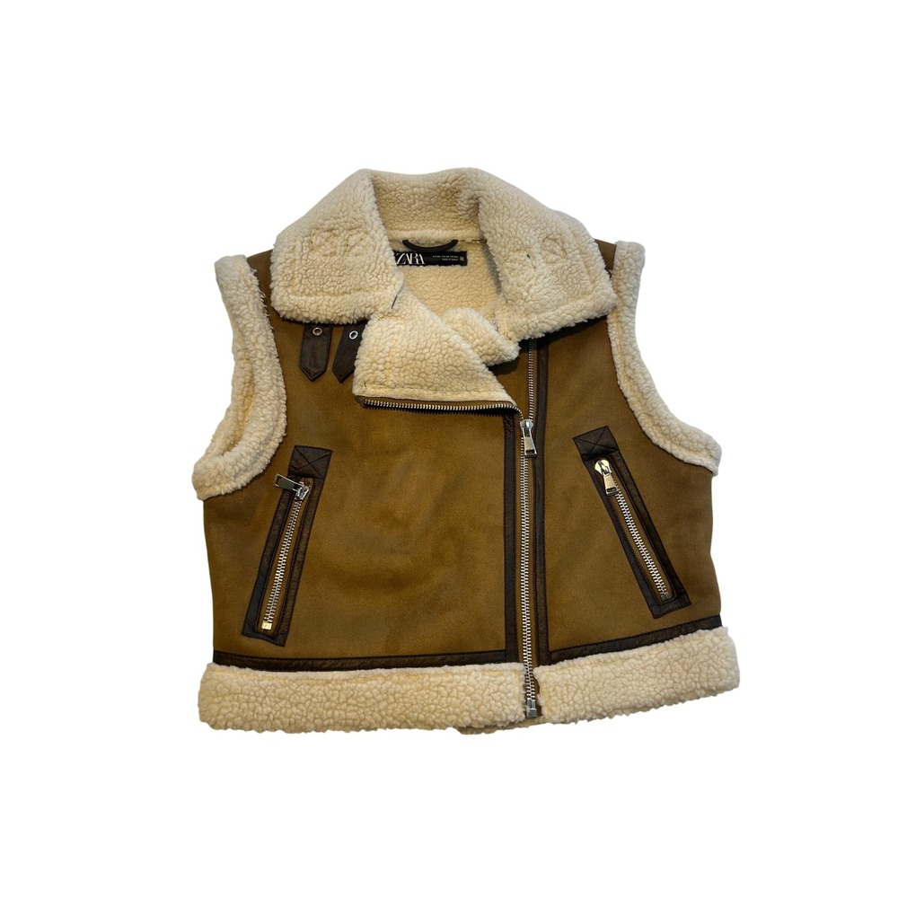 Zara Womens XS Tan Faux Shearling Aviator Vest Moto Suede Biker Brown 6318/236